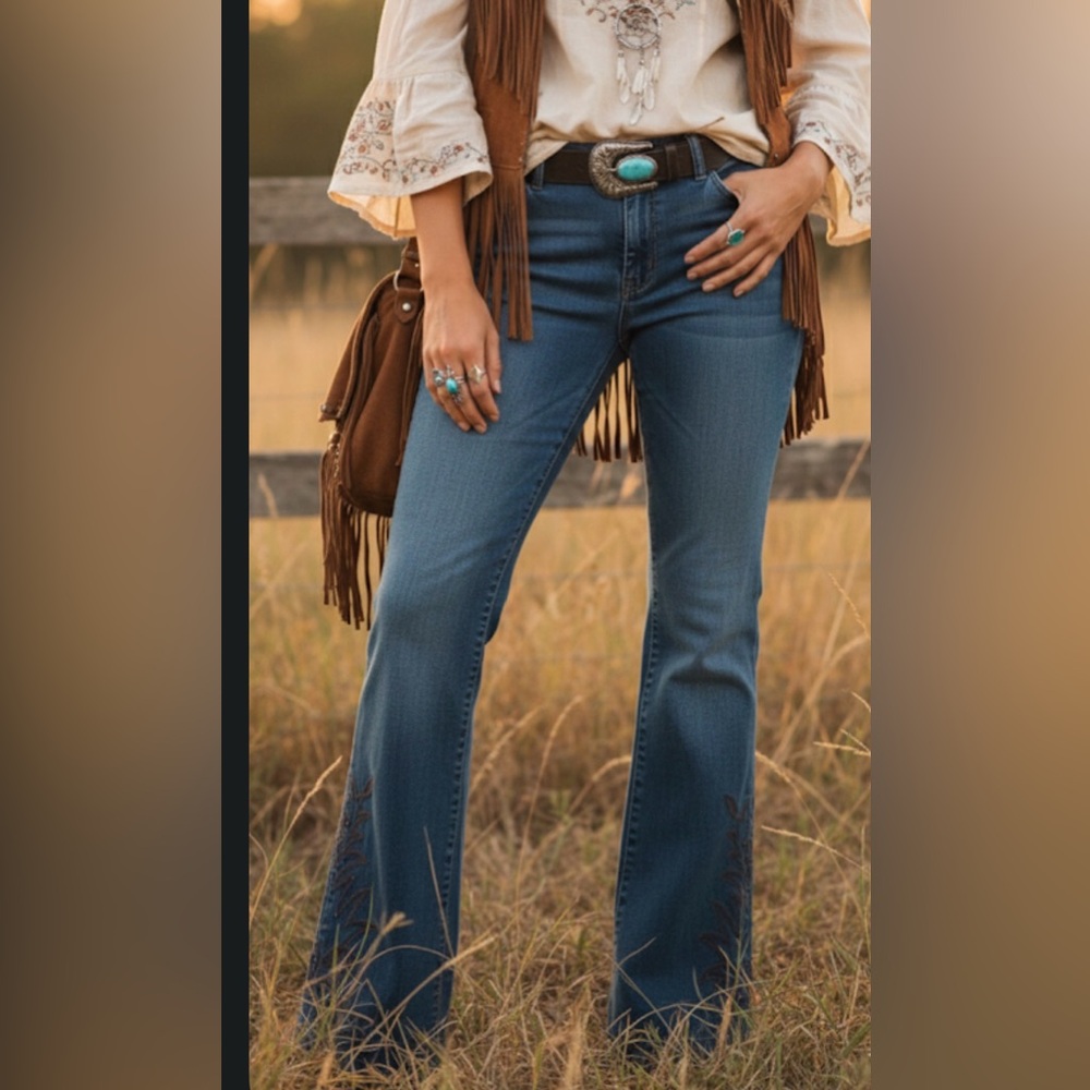 Lauren Ralph Lauren western embroidered side Blue Flare Jeans sz 14 rodeo boho